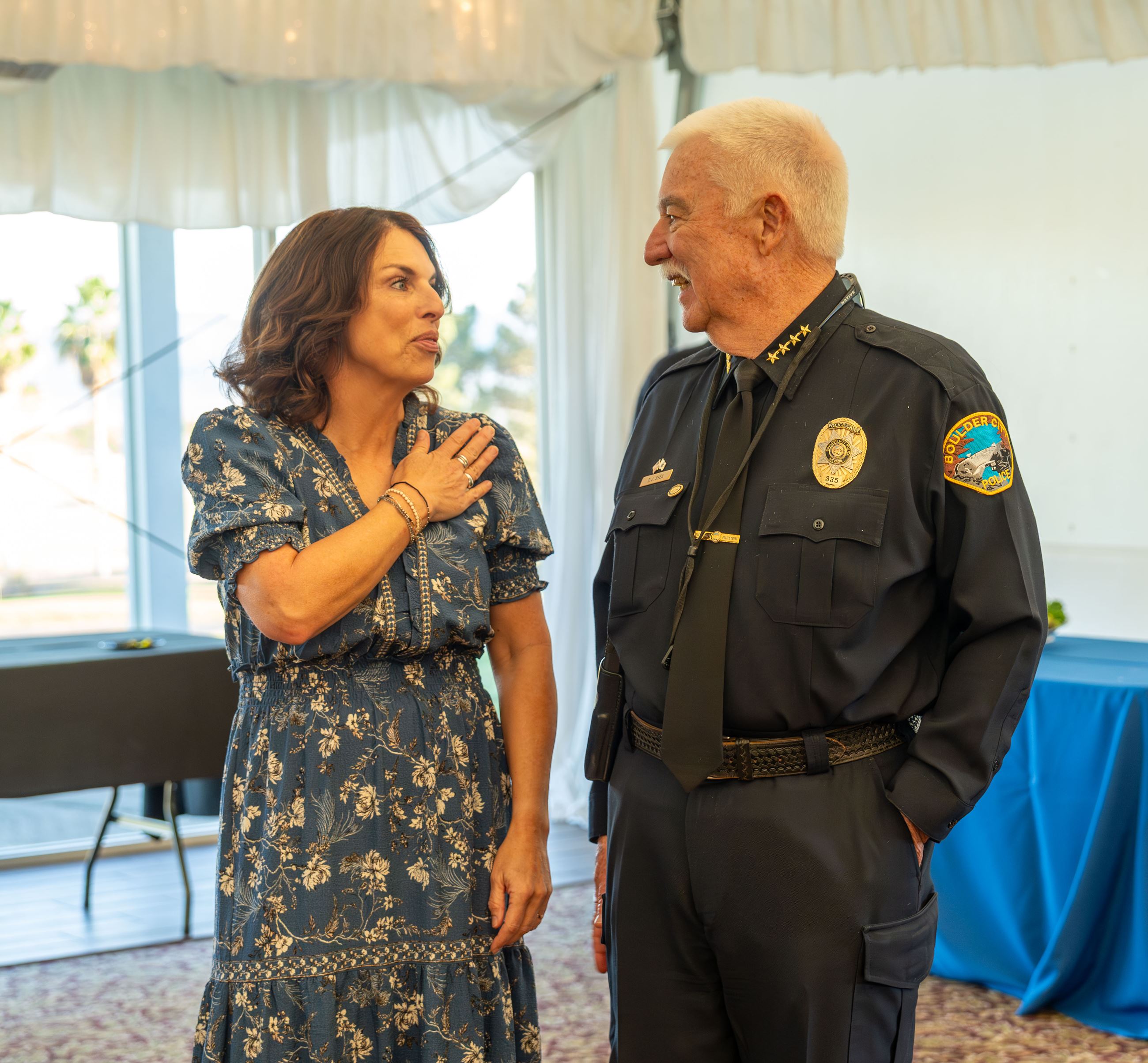 2026 State of the City (81) Photo: Councilmember Sherri Jorgensen talking to Police Chief Tim Shea